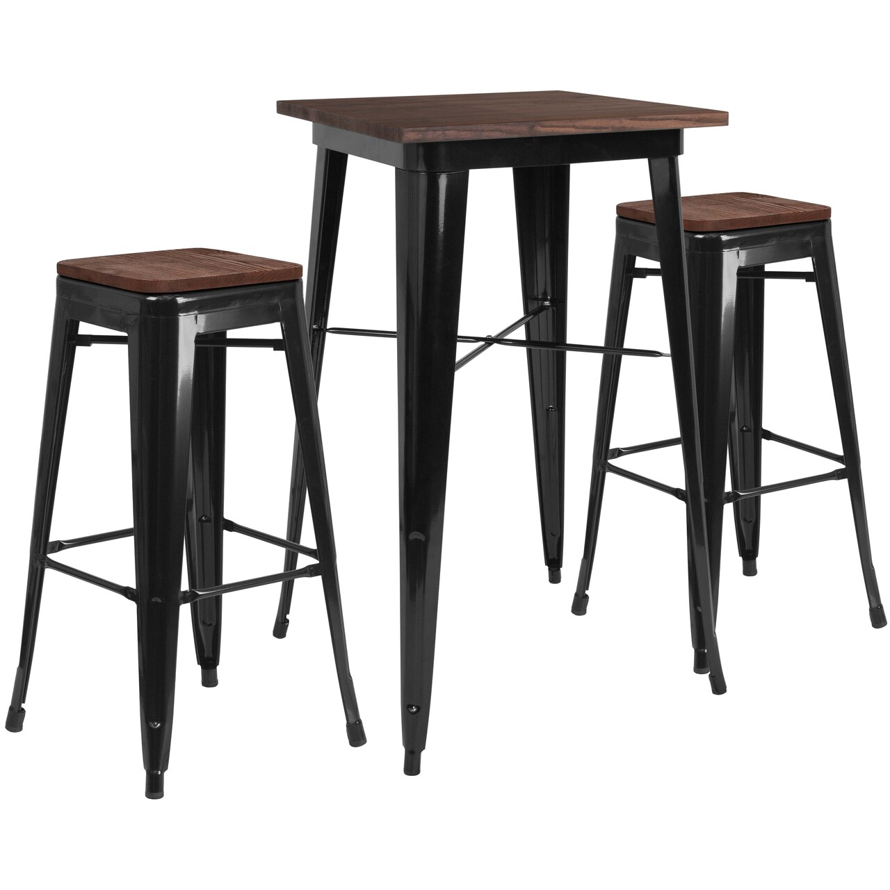 Merrick Lane 3 Piece Bar Table and Stools Set with 23.5" Square Metal Table with Wood Top and 2 Matching Bar Stools